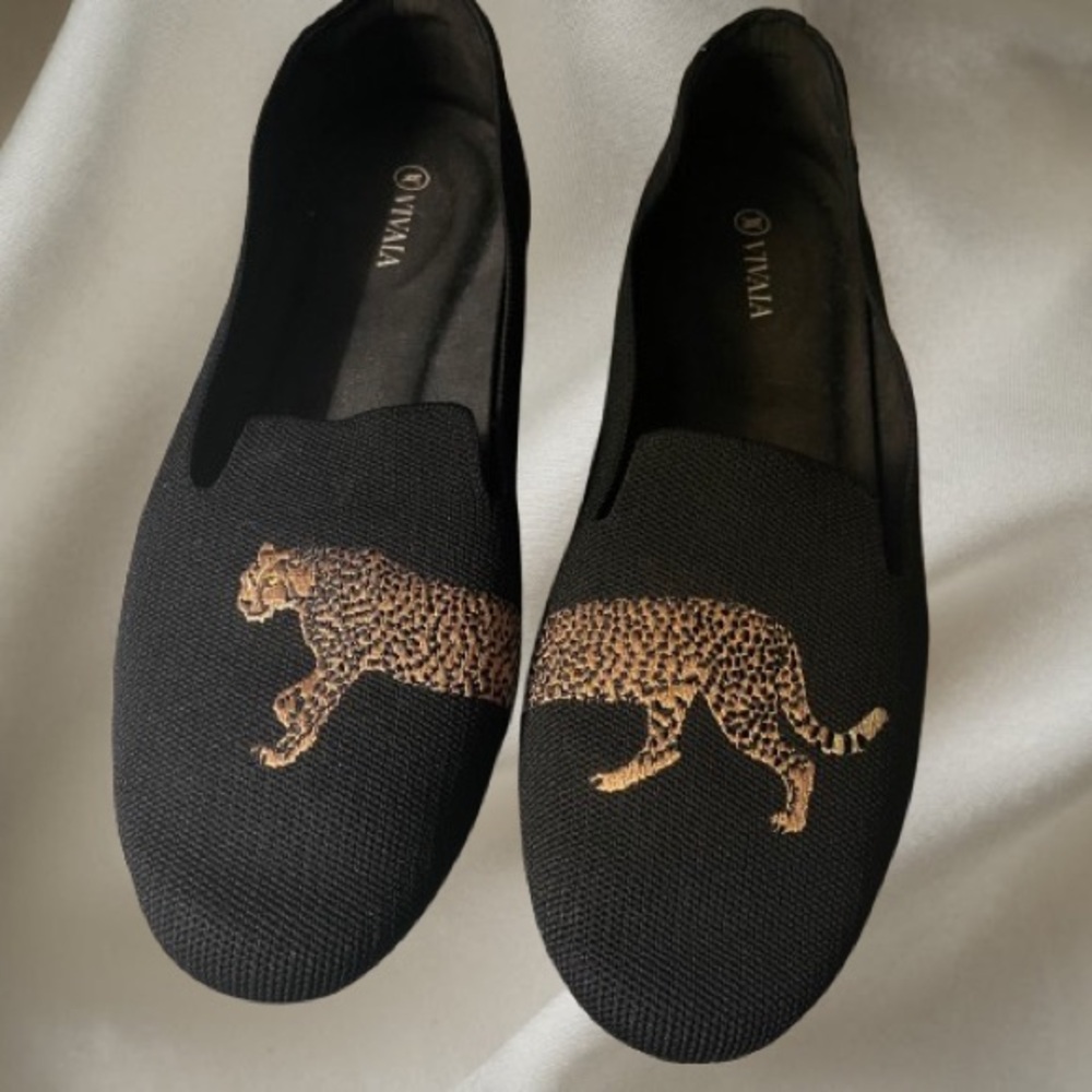Tivala Black Slip-On Loafers with Gold Leopard Embroidery